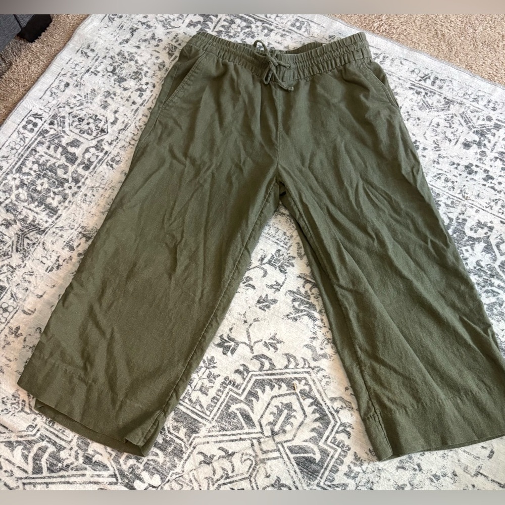 Banana Republic womens wide leg cropped pants linen blend green tie waist sm